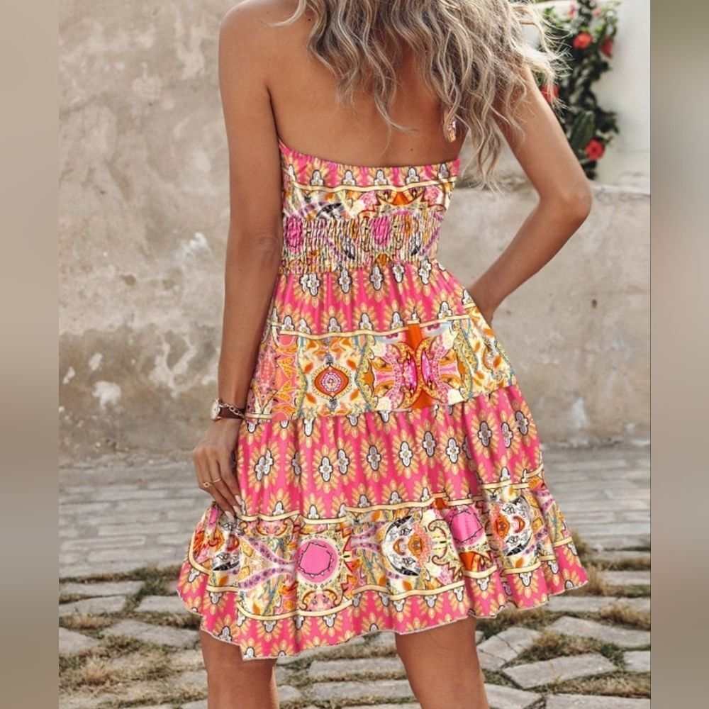 Paisley Halter Neck Cinched Waist Mini Pink Dress Sz S M L XL 1X - Picture 2 of 5